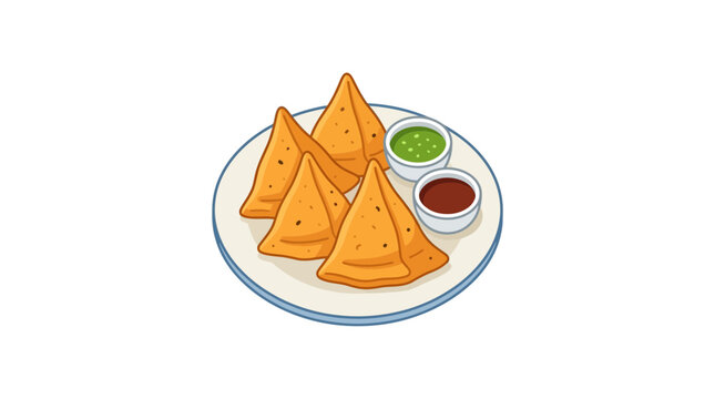 Illustration of Crispy Fried Samosas with Chutney Dips