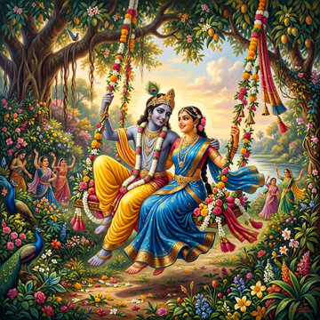 Classical Calendar Art of Radha Krishna on Swing with Dancing Gopis