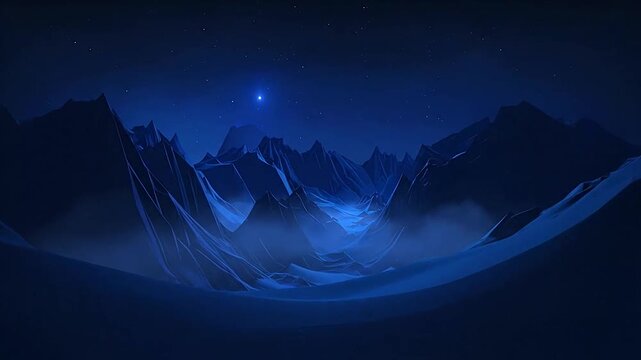A glowing blue neon frame surrounds a dark mountain landscape