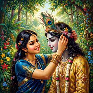Goddess Radha Adorning Lord Krishna with a Peacock Feather in Forest