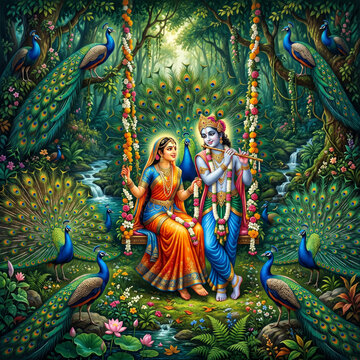 Beautiful Radha Krishna on Flower Swing in Peacock Forest of Vrindavan
