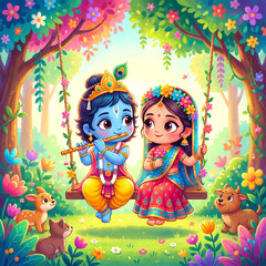 Fototapeta premium Cute Chibi Radha Krishna on Flower Swing with Forest Animals
