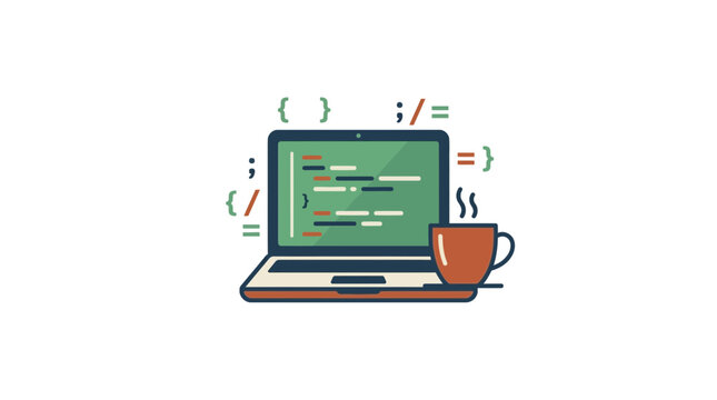 Laptop with Code and Coffee Cup Flat Illustration