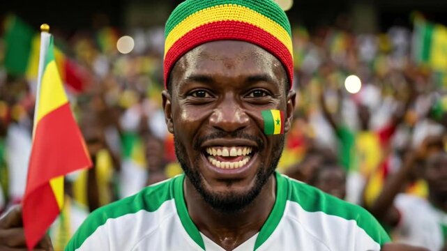 Excited African football supporter cheering with national flag and face paint at stadium.