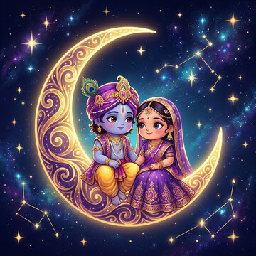 Cute Chibi Radha Krishna Sitting on Golden Crescent Moon in Starry Galaxy
