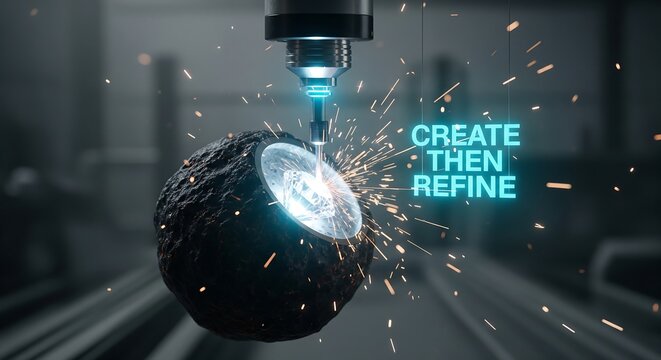 Futuristic 3D Printing of a Sphere with Digital Data and Sparks in a Modern Lab