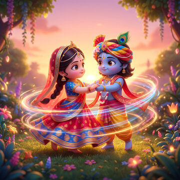 Chibi Radha Krishna Performing Divine Raas Leela Dance with Swirling Lights
