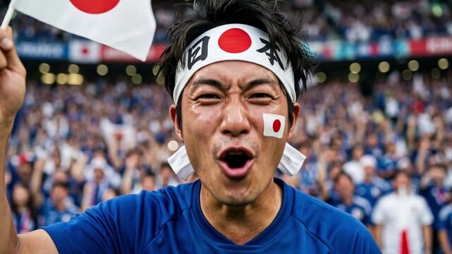 Passionate Japanese football supporter cheering enthusiastically in a vibrant stadium.