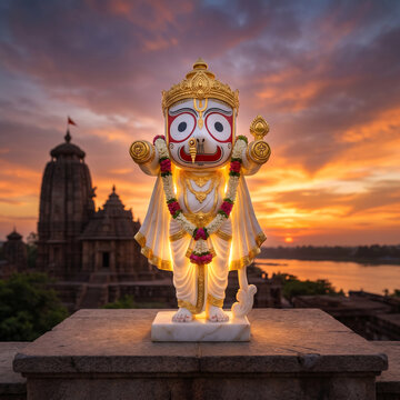 Marble Lord Jagannath Idol Standing Before Ancient Temple at Sunset