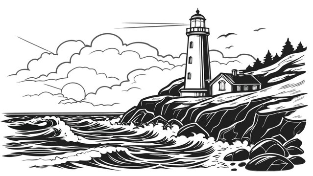 Vector illustration of a lighthouse on a rocky coastal cliff with stormy ocean waves lighthouse nautical