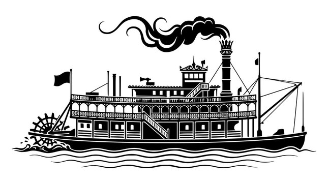 Antique River Steamboat Silhouette with Paddle Wheel and Billowing Smoke Vector Art