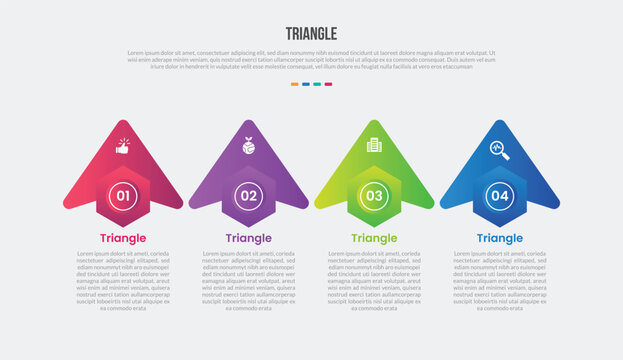 Triangle shape base shape infographics gradient template diagram with arrow top direction with hexagon badge on bottom with horizontal direction with 4 point step creative