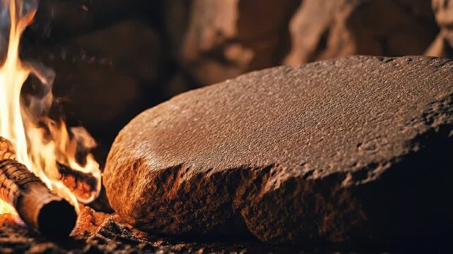 Blank ancient stone tablet mockup in dark primitive cave illuminated by warm flickering campfire