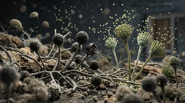 Microscopic view of aspergillosis mold spores and hyphae fungi growth with aspergillus mycelium microscopic microbiology infection pathogen organism biotechnology research pathology mycology
