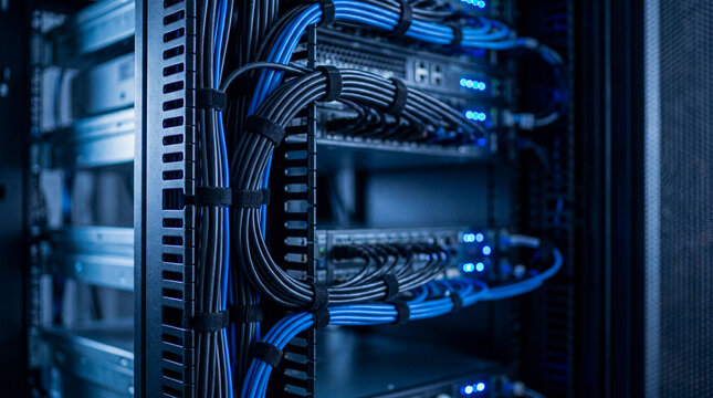 Server room network cables and equipment rack