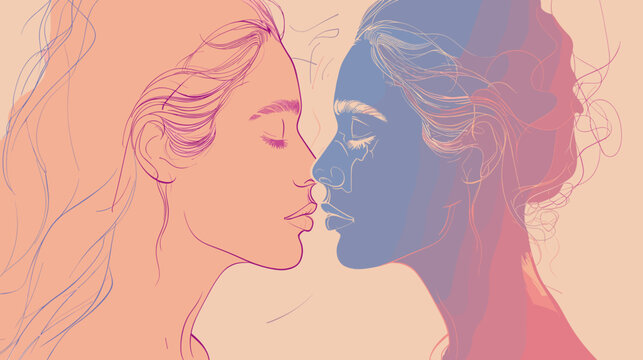 Abstract Digital Illustration of Two Faces in Pink and Blue Tones with Pixelated Effect