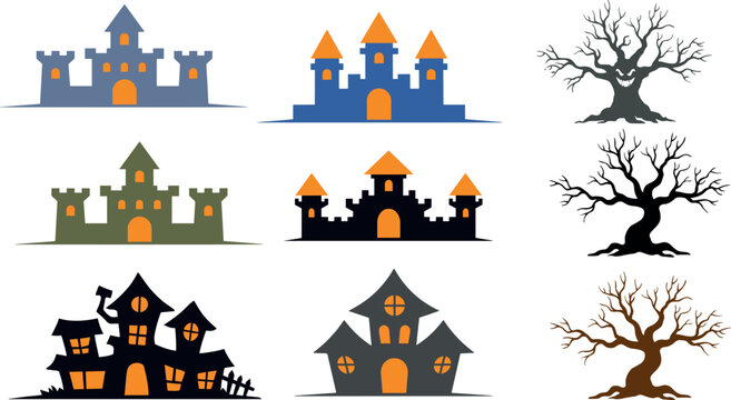 Halloween vector silhouette element set featuring spooky haunted houses dark gothic castles and bare creepy scary trees with glowing orange windows
