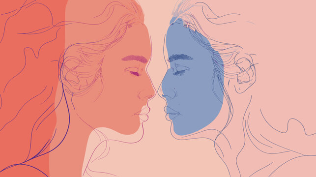 Abstract Profile of Two Faces in Profile Facing Each Other with Pink and Blue Hues