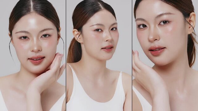 Collage vertical footage of young beautiful Asian woman on white background. Perfect facial and skin for commercial skin care advertising concept.