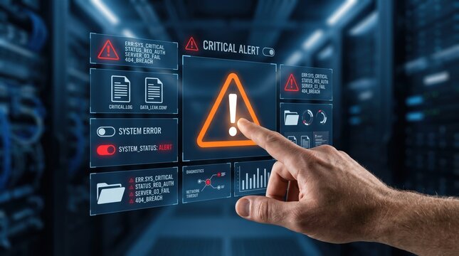 Futuristic cybersecurity warning alert showing critical system error and data breach notification on virtual screen in server room.
