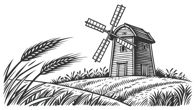 Vector illustration of a rustic windmill standing in a wheat field in a detailed black and white etching style