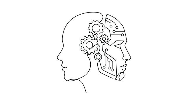 Human and robot heads with AI gears and machinery inside.
