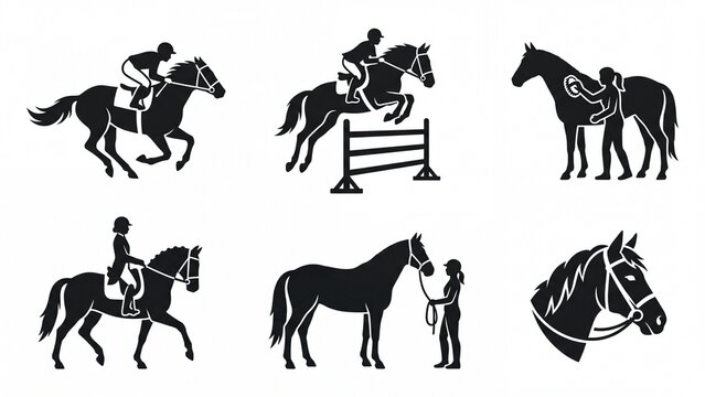 Equestrian silhouette icons set horse riding and jumping stable and bridle details vector graphics for sport and leisure