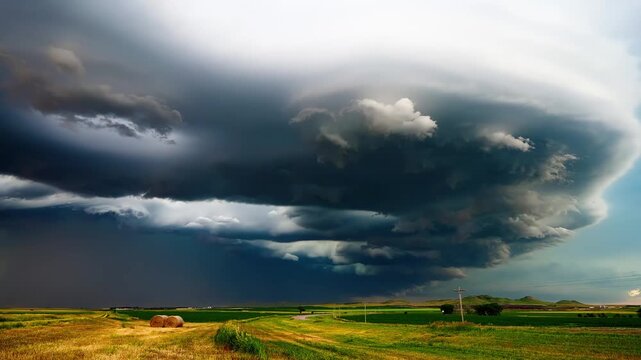 Dramatic supercell thunderstorm cloud formation over agricultural plains