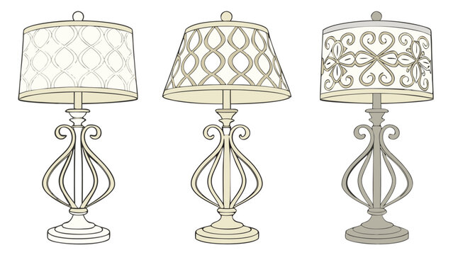 Vector illustration set of three ornate table lamps with decorative metal bases and intricate shades, lighting