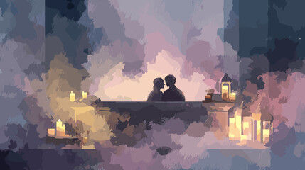 Silhouetted Couple Embracing Amidst Flickering Candles and Misty Atmosphere Romantic Evening Scene © AI PIC