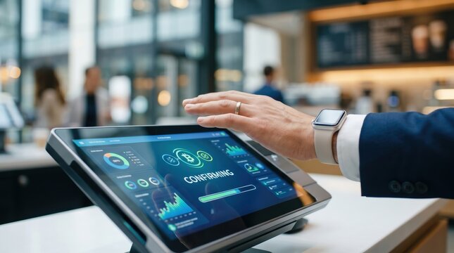 Customer hand confirming digital payment on POS terminal screen with financial transaction data and cryptocurrency symbols in cafe shop