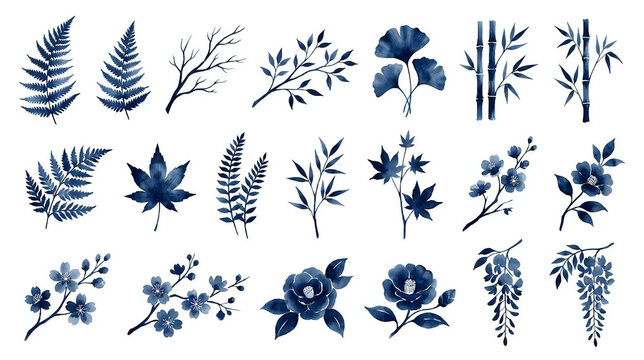 Indigo blue watercolor botanical clipart set, leaves, branches, and flowers isolated on white.