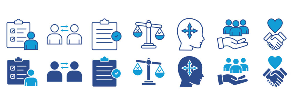 Business ethics icon pack dual tone collection set print with an icon of responsibility vector illustration. 