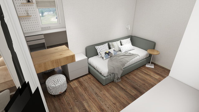Modern Scandinavian bedroom with a sage green upholstered daybed, thick wall-mounted wood desk, white drawer units, mid-tone wood floor, pegboard wall, patterned pillows, soft natural light, and a cal