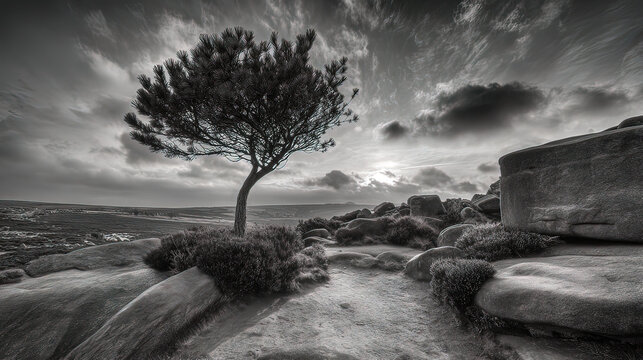 windswept. Solitary tree growing from rock crevice with windswept branches against dramatic sky. travel magazines, destination branding, designed for outdoor magazines and nature guides.

