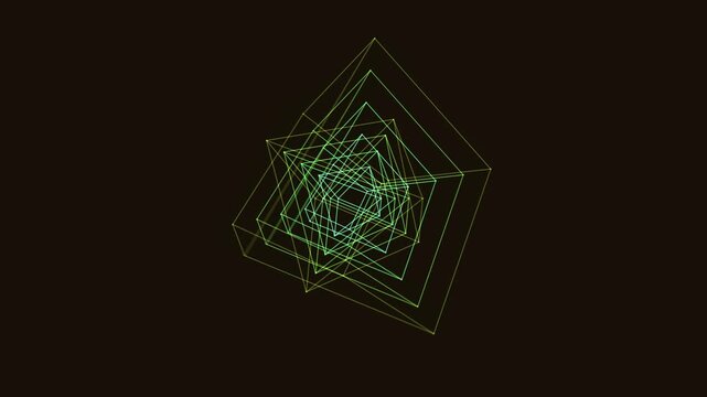 Rotating wireframe geometric squares and triangles glow in warm sunset colors