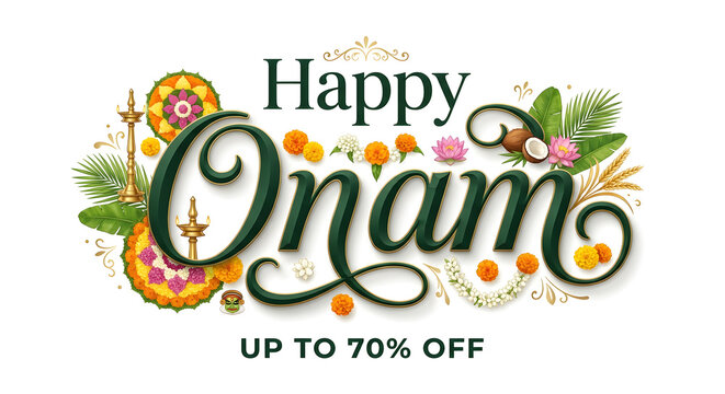 Happy Onam festival and ad sale promo discount concept on background.