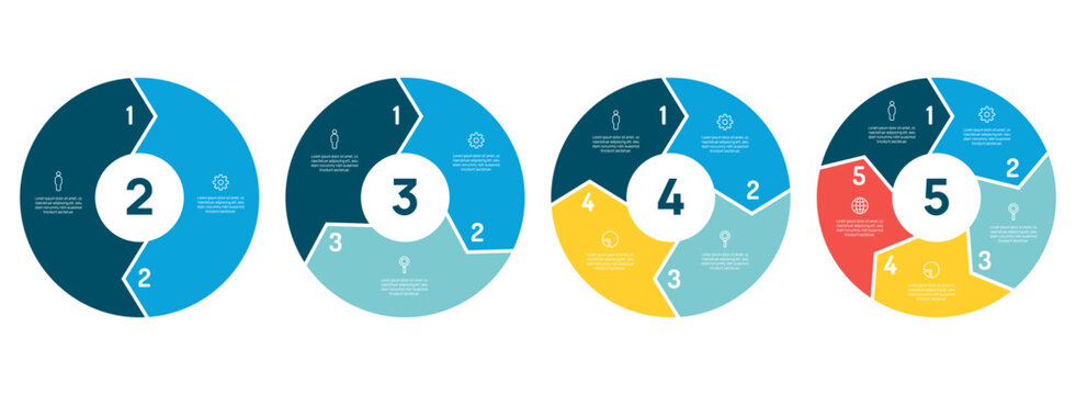 Infographic circle arrows diagram set. Circular arrows chart template 2-5 steps options. cycle diagram design for business presentation, vector illustration.