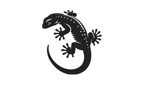 Black Silhouette Lizard Crawling on White Background Minimalist Line Art Illustration