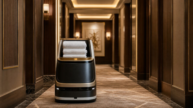 A sleek service robot carrying folded white towels through an elegant luxury hotel hallway with warm lighting and wood paneling.