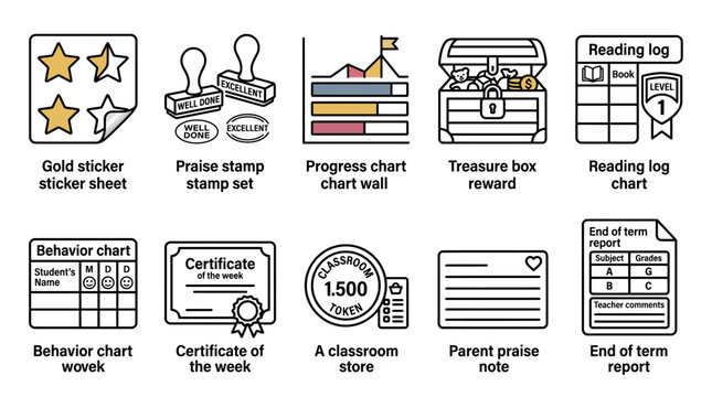 Set of classroom reward and student progress tracking icons.