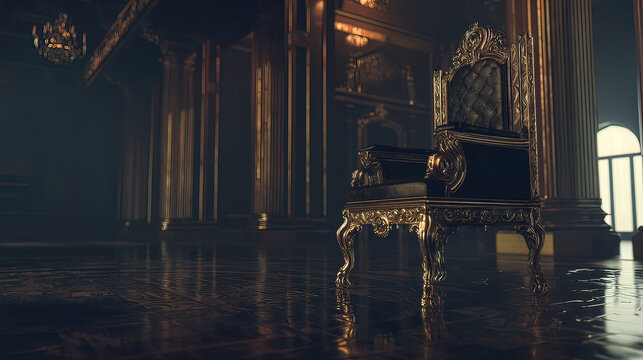 throne. Empty ornate throne in grand hall with soft side lighting and shallow depth of field. real-estate listings.

