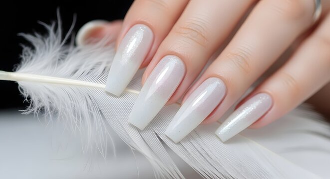 Immaculate long white nails decorated with subtle glitter shimmer held beside white feather.