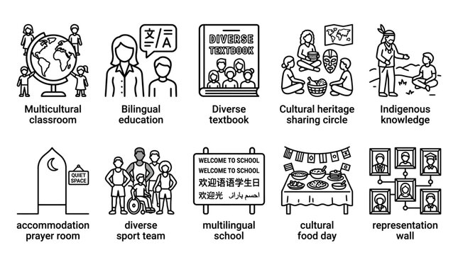 Set of diverse multicultural school education line icons.