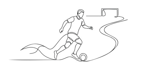 Obraz premium Continuous line drawing of a soccer player kicking a ball with a goal in the background
