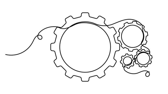 Four cogwheel gears icon sign continuous one line drawing on white background motion design minimalist animated technology and automation service industrial symbol 4k video