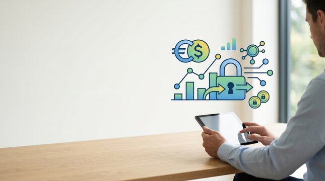 Businessman using tablet with digital financial security icons, data protection and online banking concept in modern office environment.