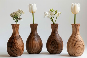 Obraz premium Four wooden vases with simple white flowers on a neutral background