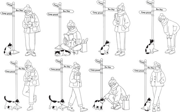 Tennis Girl Sport Pose Set Black Line Art Illustration