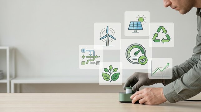 Hand pressing button with floating green energy icons including solar panel, wind turbine and recycling symbol, illustrating sustainable development and eco-friendly power